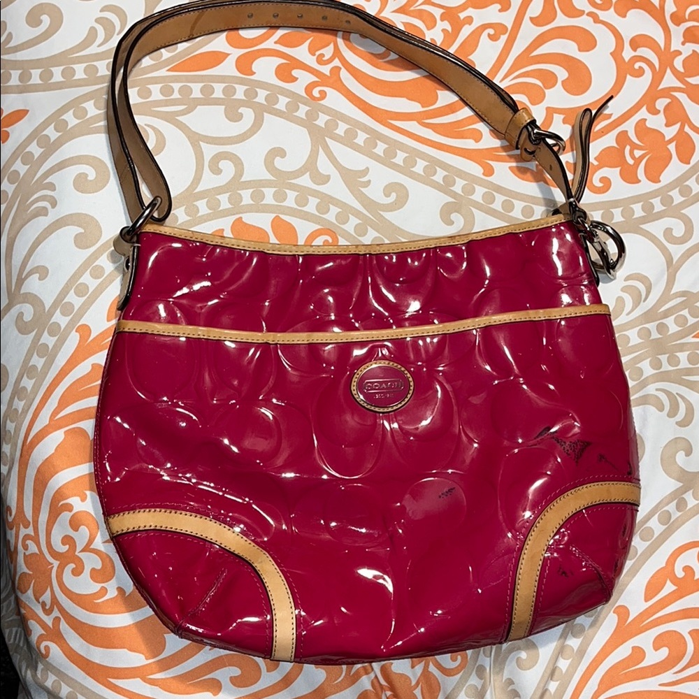 Coach Red and Tan Shoulder Bag with Signature Design